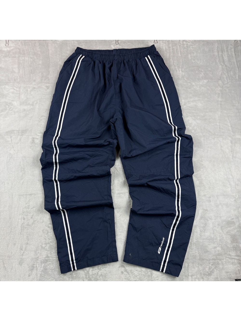 Vintage Reebok 2XL Navy Windbreaker Track Pants Side Stripe Nylon 90s Baggy Y2K